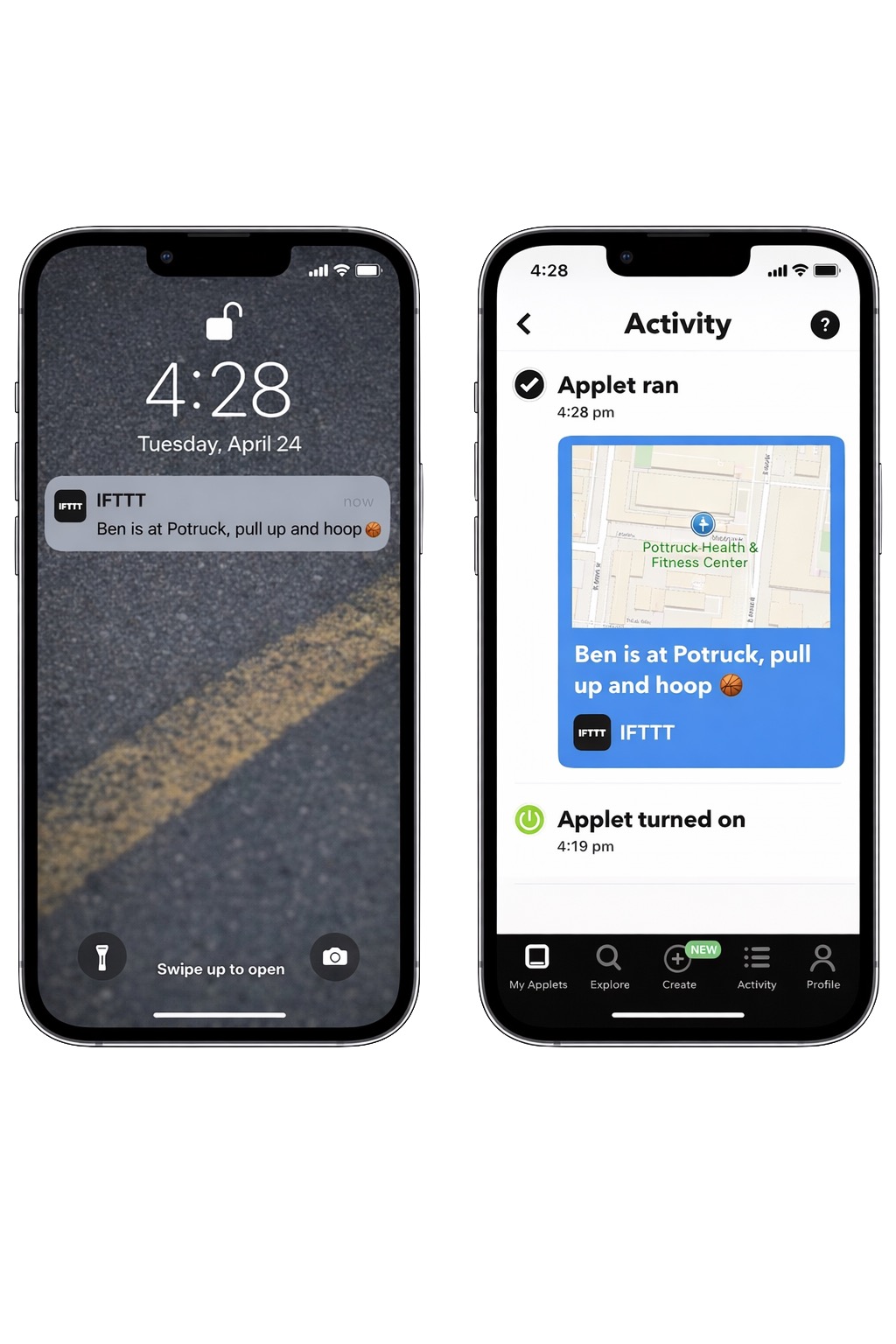 iPhone showing IFTTT notification that says Ben is at Potruck pull up and hoop, alongside the IFTTT activity log with a map of Pottruck Health and Fitness Center